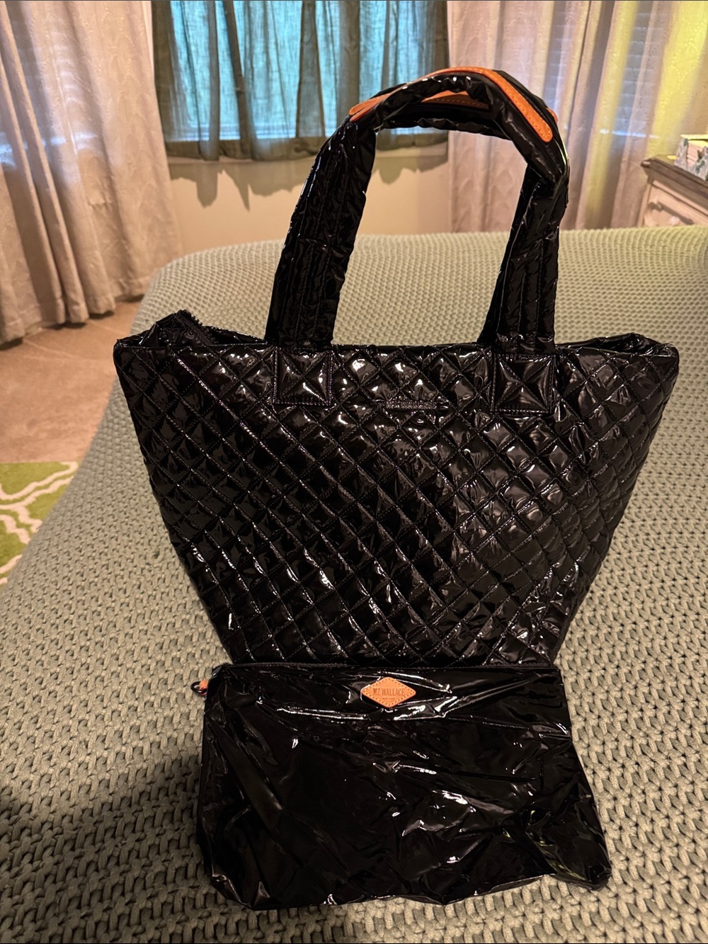 MZ Wallace Black Quilted Patent Tote with Tan trim